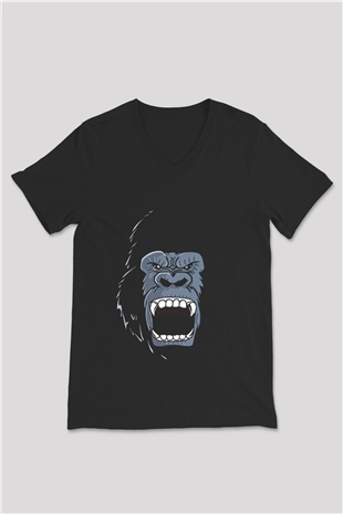 Goril Siyah Unisex V Yaka Tişört T-Shirt