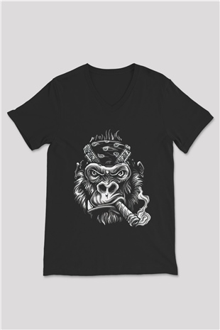 Goril Siyah Unisex V Yaka Tişört T-Shirt