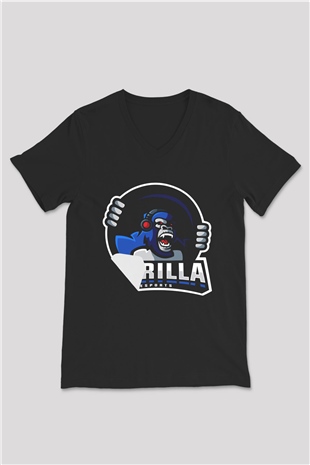Goril Siyah Unisex V Yaka Tişört T-Shirt