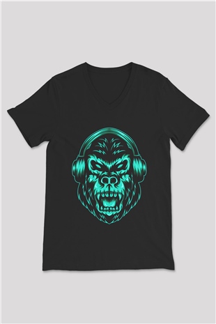 Goril Siyah Unisex V Yaka Tişört T-Shirt