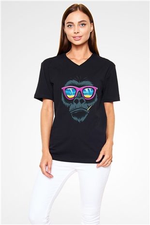 Goril Siyah Unisex V Yaka Tişört T-Shirt