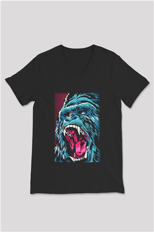 Goril Siyah Unisex V Yaka Tişört T-Shirt