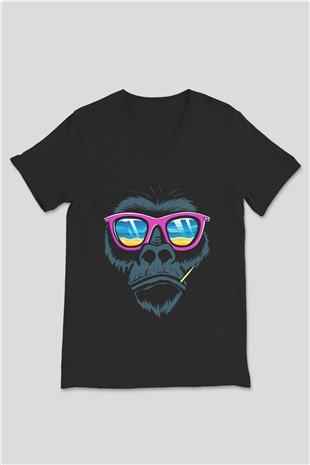 Goril Siyah Unisex V Yaka Tişört T-Shirt