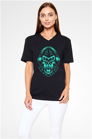 Goril Siyah Unisex V Yaka Tişört T-Shirt