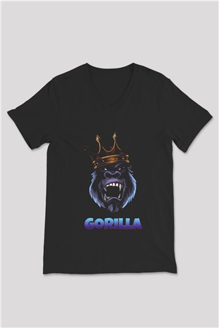 Goril Siyah Unisex V Yaka Tişört T-Shirt