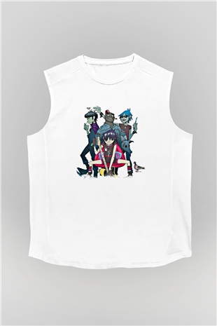 Gorillaz Baskılı Unisex Beyaz Kolsuz Tişört