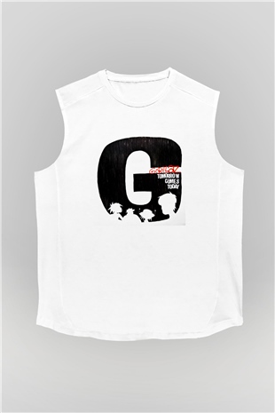Gorillaz Baskılı Unisex Beyaz Kolsuz Tişört