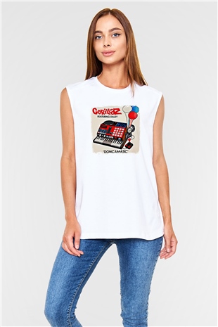 Gorillaz Baskılı Unisex Beyaz Kolsuz Tişört