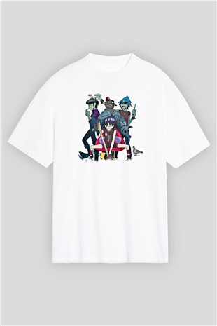 Gorillaz Baskılı Unisex Beyaz Oversize Tişört