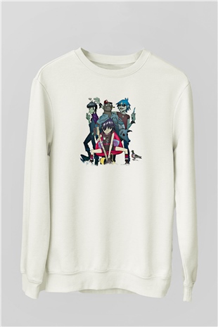 Gorillaz Baskılı Unisex Beyaz Sweatshirt
