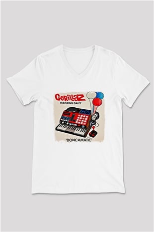 Gorillaz Baskılı Unisex Beyaz V Yaka Tişört