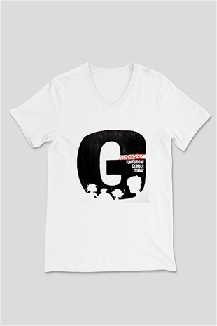 Gorillaz Baskılı Unisex Beyaz V Yaka Tişört