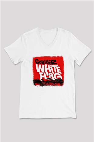 Gorillaz Baskılı Unisex Beyaz V Yaka Tişört