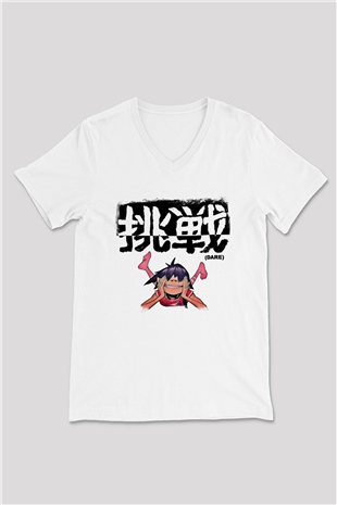 Gorillaz Baskılı Unisex Beyaz V Yaka Tişört