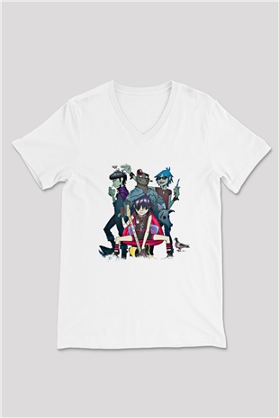 Gorillaz Baskılı Unisex Beyaz V Yaka Tişört