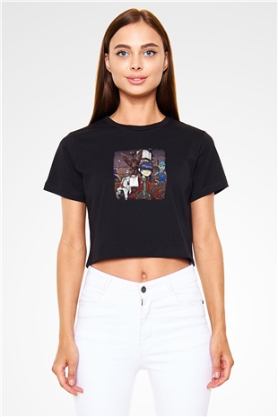 Gorillaz Baskılı Unisex Siyah Crop Top Tişört