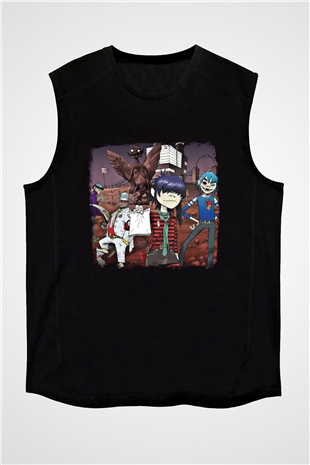 Gorillaz Baskılı Unisex Siyah Kolsuz Tişört