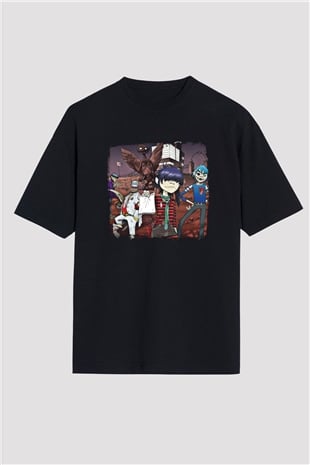 Gorillaz Baskılı Unisex Siyah Oversize Tişört