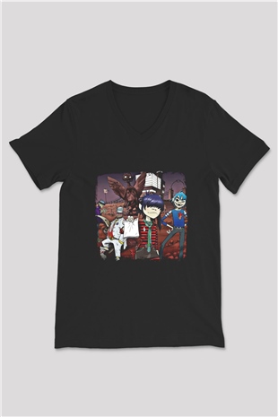 Gorillaz Baskılı Unisex Siyah V Yaka Tişört