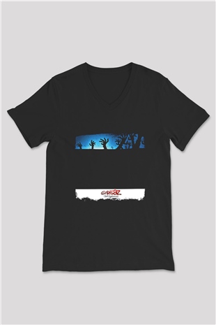 Gorillaz Baskılı Unisex Siyah V Yaka Tişört