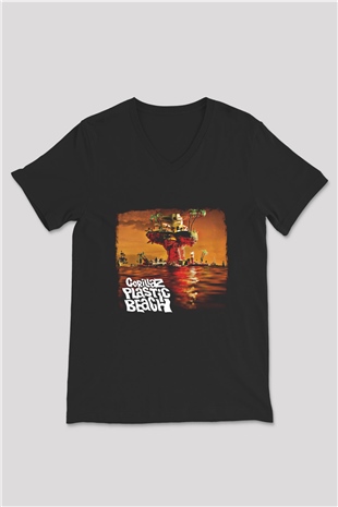 Gorillaz Baskılı Unisex Siyah V Yaka Tişört