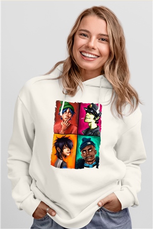 Gorillaz Beyaz Unisex Kapüşonlu Sweatshirt