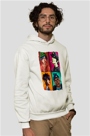 Gorillaz Beyaz Unisex Kapüşonlu Sweatshirt