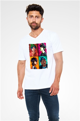 Gorillaz Beyaz Unisex V Yaka Tişört