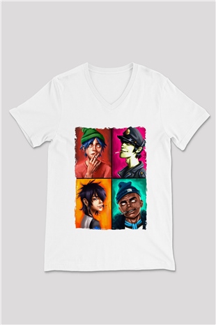 Gorillaz Beyaz Unisex V Yaka Tişört