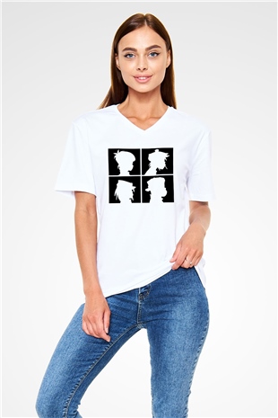 Gorillaz Beyaz Unisex V Yaka Tişört T-Shirt