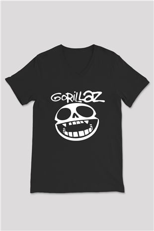 Gorillaz Siyah Unisex V Yaka Tişört T-Shirt