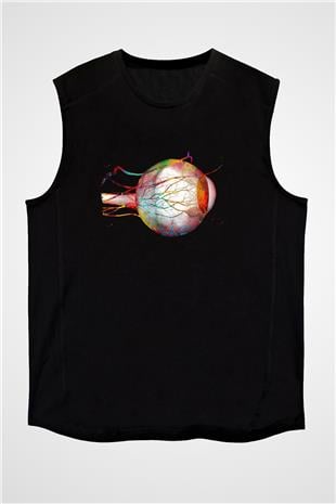 Göz Anatomisi Baskılı Unisex Kolsuz Siyah Tişört - Tshirt