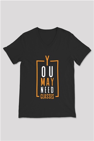 Gözlükçü Siyah Unisex V Yaka Tişört