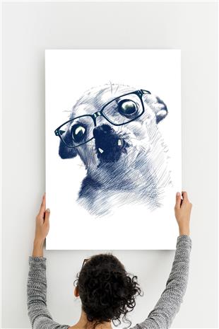 Gözlüklü Dişlek Köpek Desenli Ahşap Mdf Tablo 40 cm x 60 cm