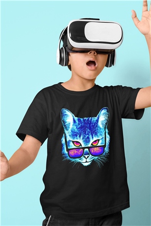Gözlüklü Kedi Baskılı Unisex Siyah  Çocuk Tişört