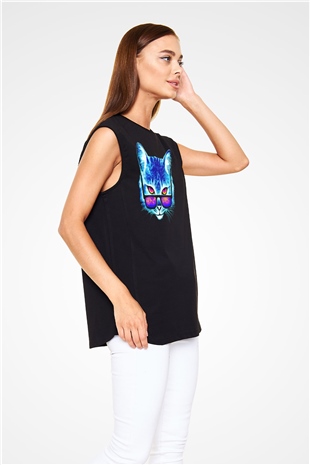 Gözlüklü Kedi Baskılı Unisex Siyah  Kolsuz Tişört