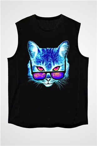 Gözlüklü Kedi Baskılı Unisex Siyah  Kolsuz Tişört