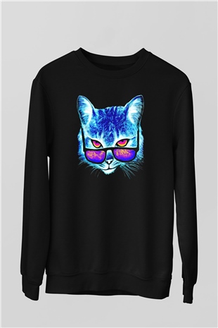 Gözlüklü Kedi Baskılı Unisex Siyah  Sweatshirt