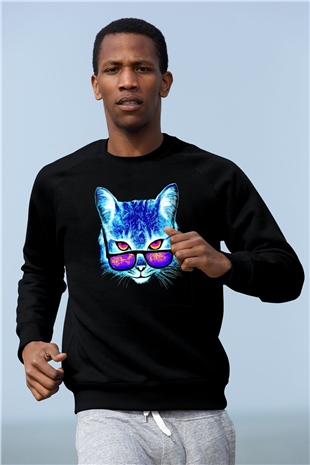 Gözlüklü Kedi Baskılı Unisex Siyah  Sweatshirt