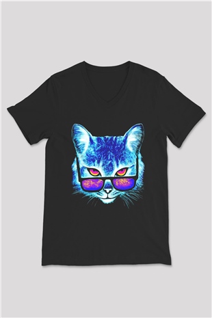 Gözlüklü Kedi Baskılı Unisex Siyah  V Yaka Tişört