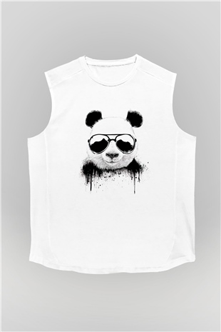 Gözlüklü Panda Baskılı Unisex Beyaz  Kolsuz Tişört