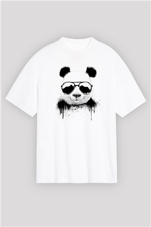 Gözlüklü Panda Baskılı Oversize Beyaz Tişört