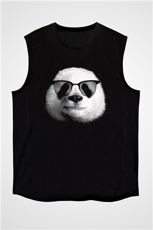 Gözlüklü Panda Baskılı Unisex Siyah  Kolsuz Tişört