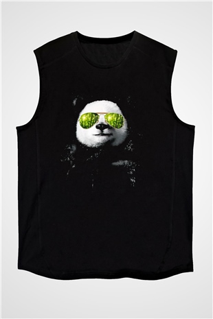 Gözlüklü Panda Baskılı Unisex Siyah  Kolsuz Tişört