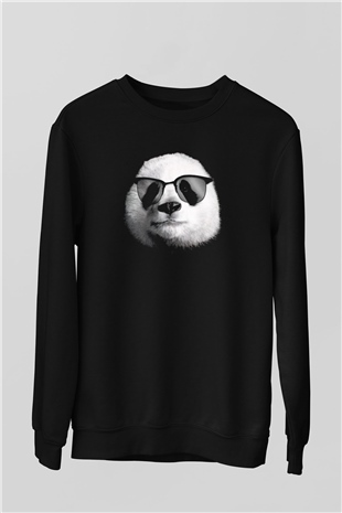 Gözlüklü Panda Baskılı Unisex Siyah  Sweatshirt