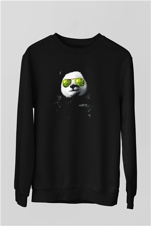 Gözlüklü Panda Baskılı Unisex Siyah  Sweatshirt