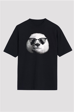 Gözlüklü Panda Baskılı Oversize Siyah Tişört
