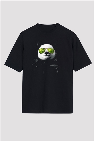 Gözlüklü Panda Baskılı Oversize Siyah Tişört