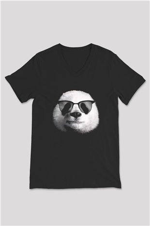 Gözlüklü Panda Baskılı Unisex Siyah  V Yaka Tişört