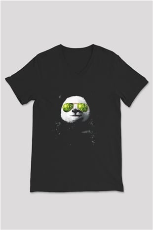 Gözlüklü Panda Baskılı Unisex Siyah  V Yaka Tişört